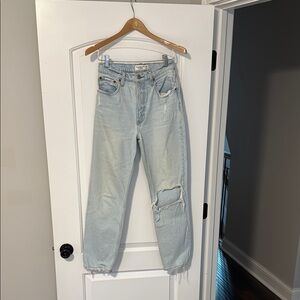 A&F Women’s Ultra High Rise 90s Straight Jeans Light Blue Distressed